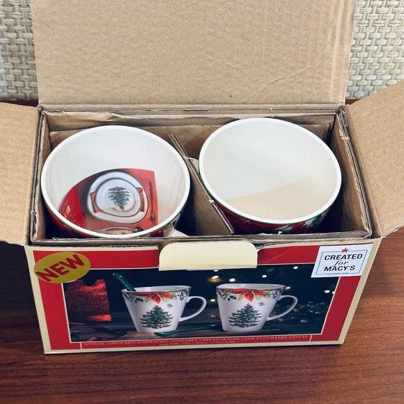 🎄🌟HP🌟Spode 2020 Set of 2 Earthenware Christmas Tree Poinsettia Mugs & Spoons - Picture 11 of 13